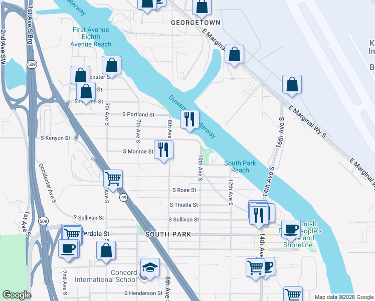 map of restaurants, bars, coffee shops, grocery stores, and more near 816 South Kenyon Street in Seattle