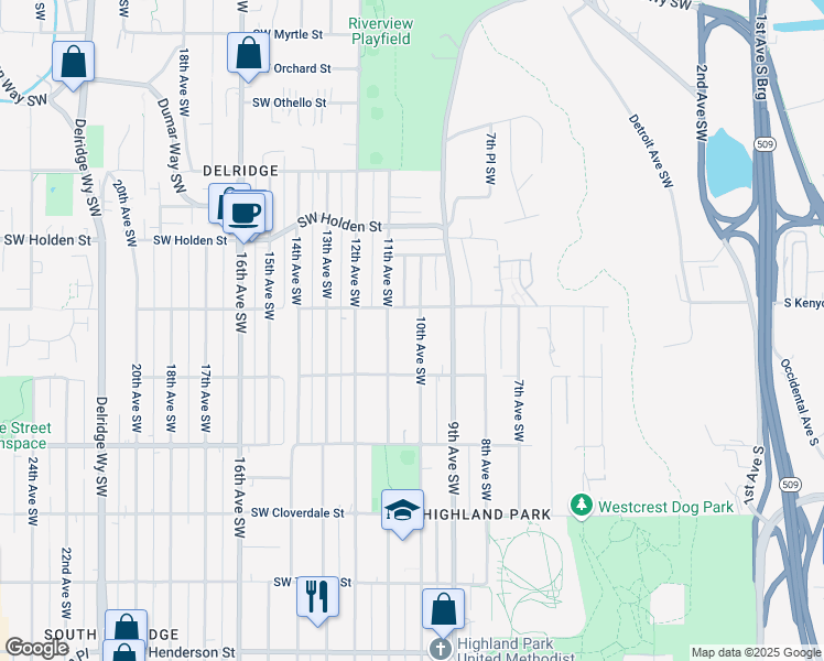 map of restaurants, bars, coffee shops, grocery stores, and more near 1016 Southwest Kenyon Street in Seattle
