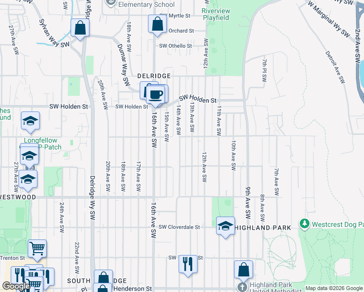 map of restaurants, bars, coffee shops, grocery stores, and more near 7777 13th Avenue Southwest in Seattle