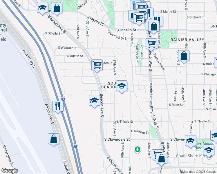 map of restaurants, bars, coffee shops, grocery stores, and more near 3527 South Kenyon Street in Seattle