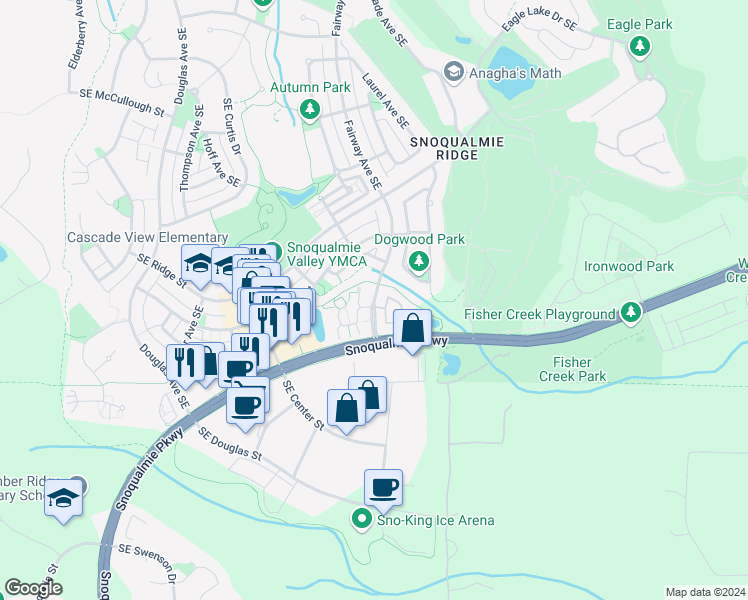 map of restaurants, bars, coffee shops, grocery stores, and more near 7810 Fairway Avenue Southeast in Snoqualmie