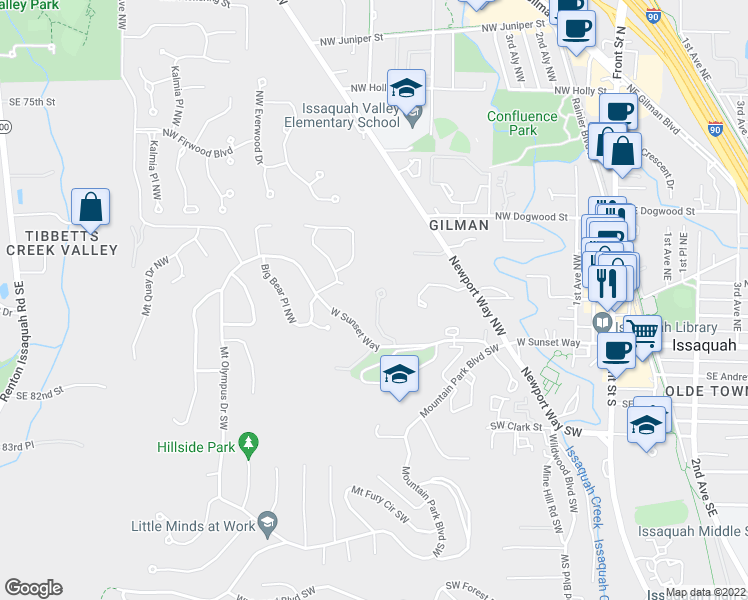 map of restaurants, bars, coffee shops, grocery stores, and more near 101 Sunset Court Northwest in Issaquah