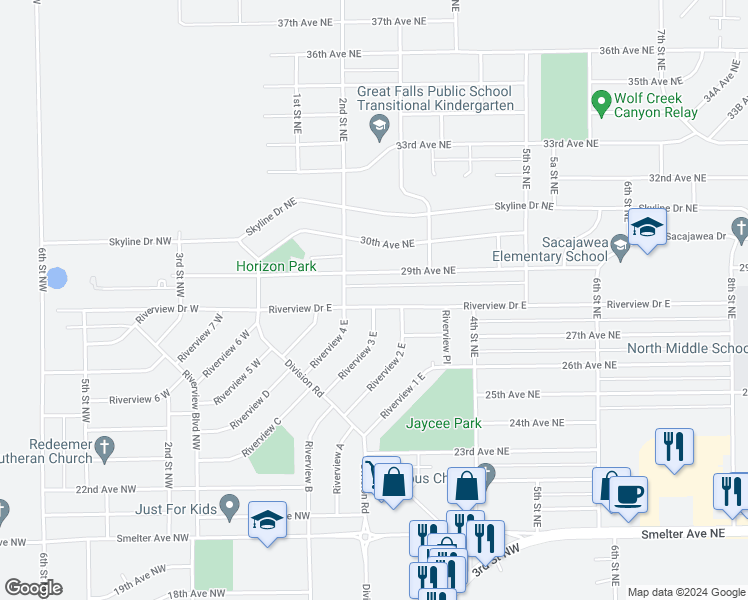 map of restaurants, bars, coffee shops, grocery stores, and more near 153 Riverview Drive East in Great Falls