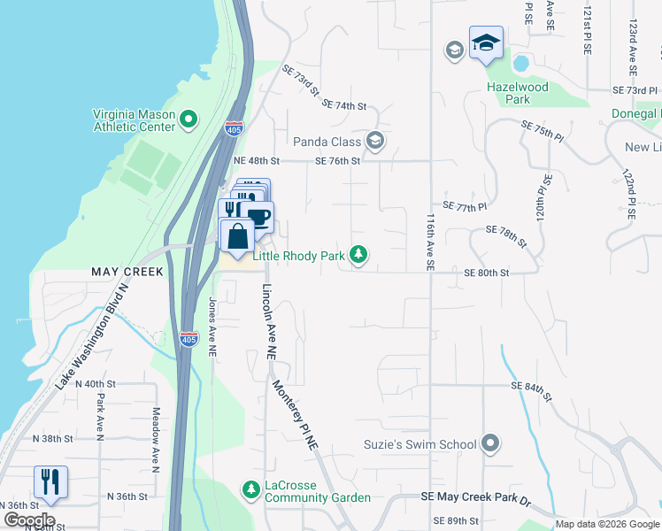 map of restaurants, bars, coffee shops, grocery stores, and more near 7942 112th Lane Southeast in Newcastle