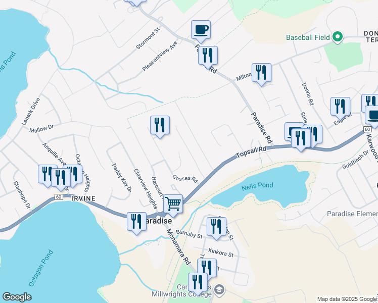 map of restaurants, bars, coffee shops, grocery stores, and more near Drovers Road in Paradise