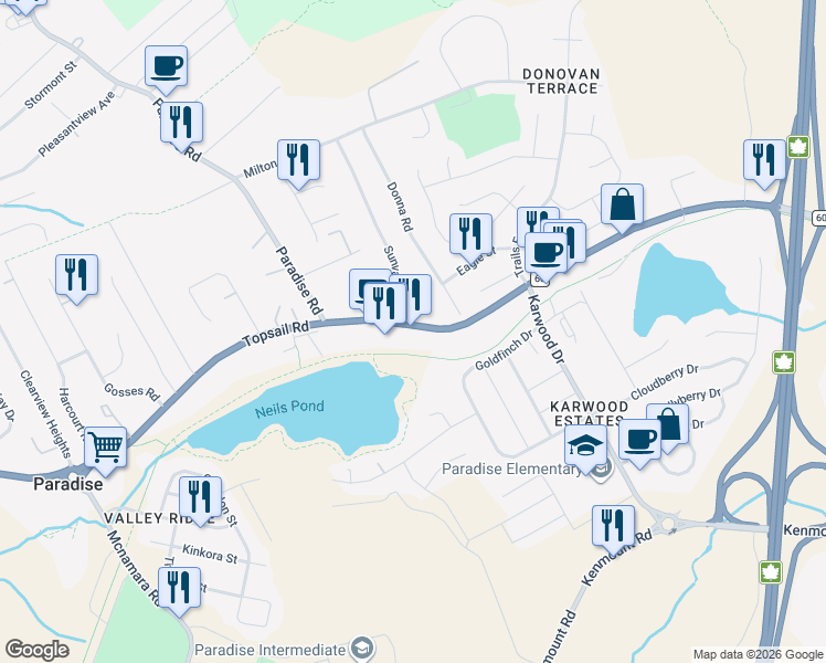 map of restaurants, bars, coffee shops, grocery stores, and more near 1489 Topsail Road in Paradise