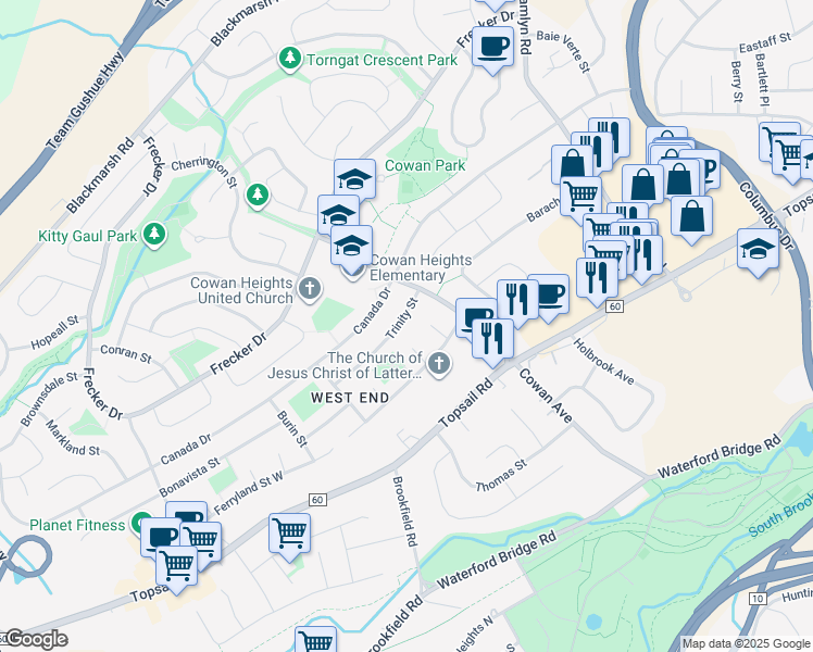 map of restaurants, bars, coffee shops, grocery stores, and more near 11 Trinity Street in St. John's