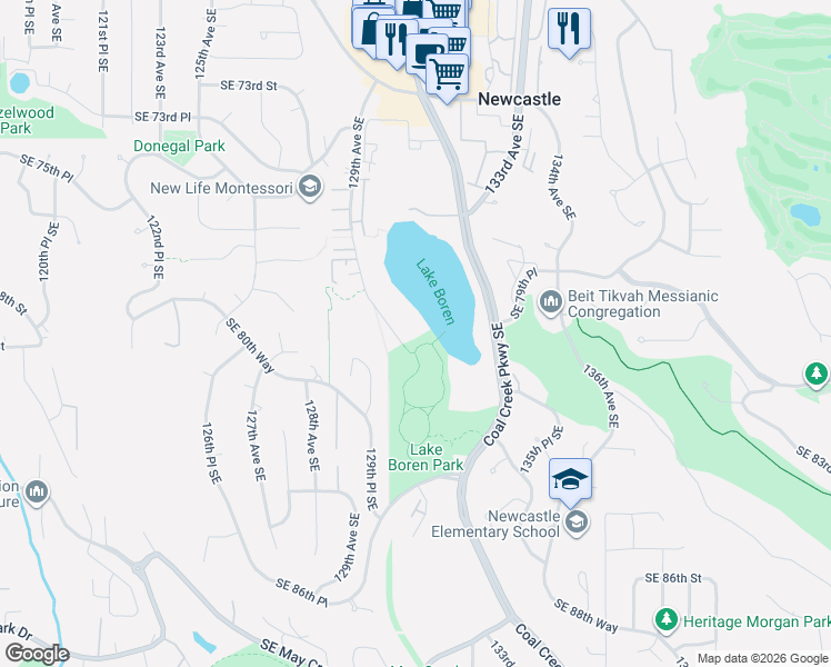 map of restaurants, bars, coffee shops, grocery stores, and more near 7878 129th Avenue Southeast in Newcastle