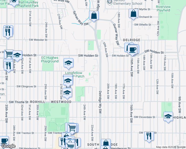 map of restaurants, bars, coffee shops, grocery stores, and more near 7901 Delridge Way Southwest in Seattle