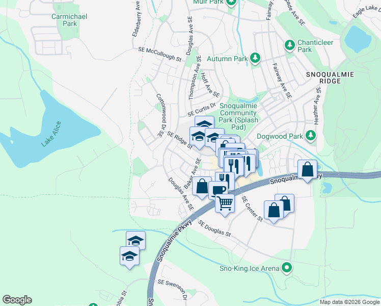 map of restaurants, bars, coffee shops, grocery stores, and more near 34735 Southeast Ridge Street in Snoqualmie