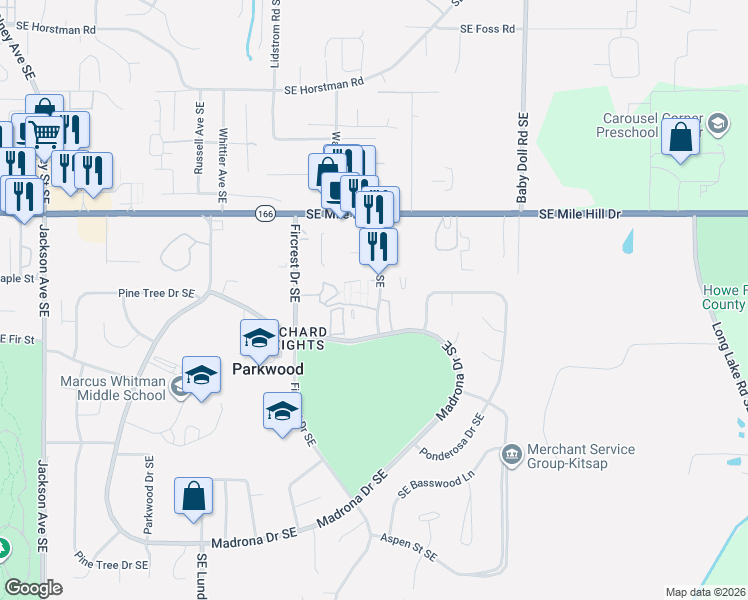 map of restaurants, bars, coffee shops, grocery stores, and more near 1920 Southeast Larch Lane in Port Orchard