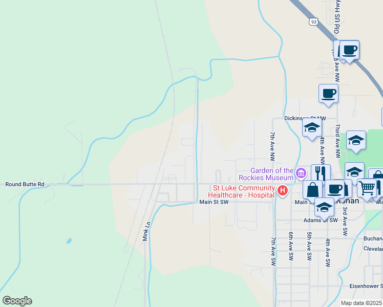 map of restaurants, bars, coffee shops, grocery stores, and more near 16-21 Acre Lawn Court in Ronan