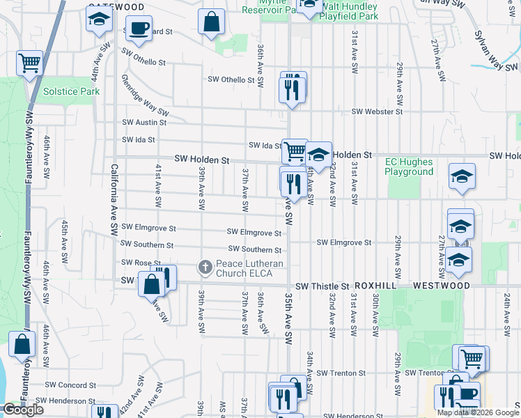 map of restaurants, bars, coffee shops, grocery stores, and more near 3618 Southwest Kenyon Street in Seattle