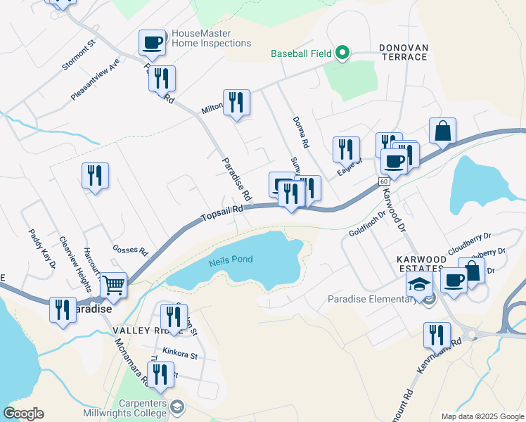 map of restaurants, bars, coffee shops, grocery stores, and more near 1521 Topsail Road in Paradise