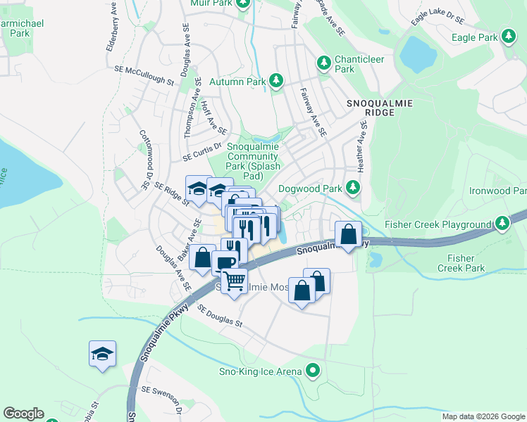 map of restaurants, bars, coffee shops, grocery stores, and more near 35112 Southeast Kinsey Street in Snoqualmie