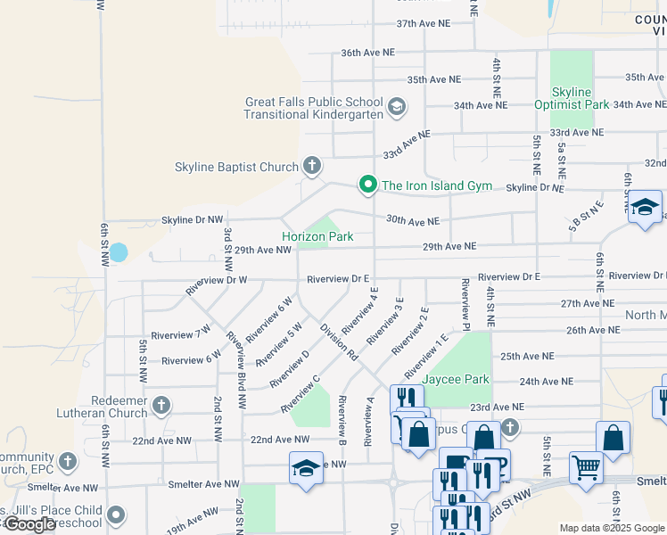 map of restaurants, bars, coffee shops, grocery stores, and more near 116 29th Ave NE in Great Falls