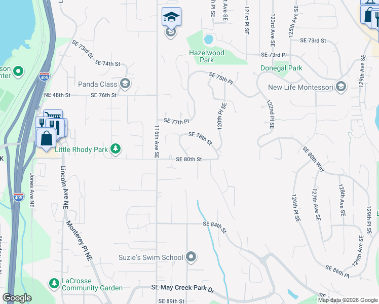map of restaurants, bars, coffee shops, grocery stores, and more near 11821 Southeast 79th Court in Newcastle