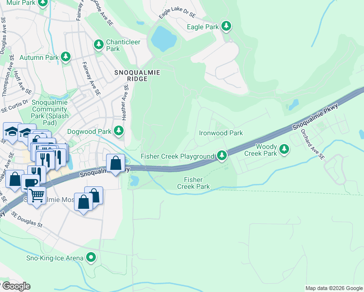 map of restaurants, bars, coffee shops, grocery stores, and more near 7709 Greenridge Ct SE in Snoqualmie