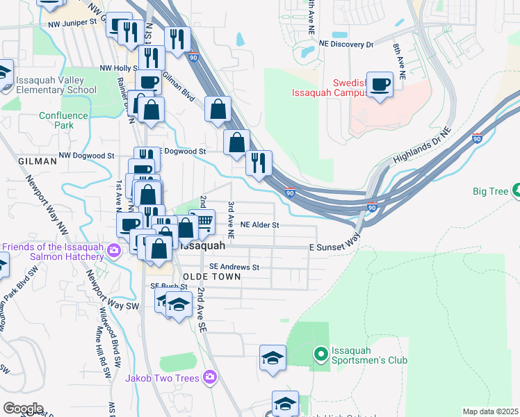 map of restaurants, bars, coffee shops, grocery stores, and more near 371 Northeast Gilman Boulevard in Issaquah