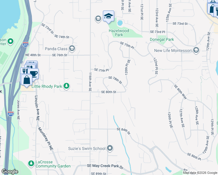 map of restaurants, bars, coffee shops, grocery stores, and more near 11821 Southeast 79th Court in Newcastle