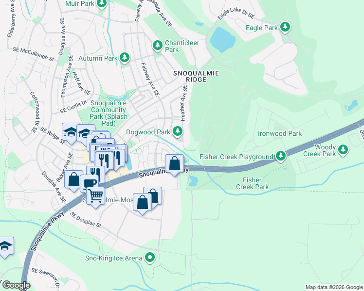 map of restaurants, bars, coffee shops, grocery stores, and more near 7645 Dogwood Lane Southeast in Snoqualmie