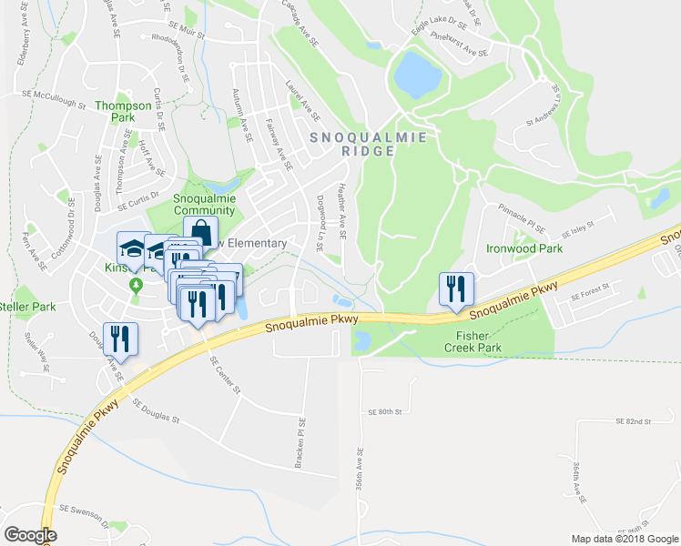 map of restaurants, bars, coffee shops, grocery stores, and more near 7645 Dogwood Lane Southeast in Snoqualmie