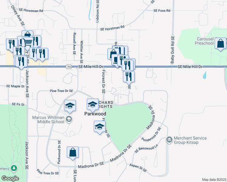 map of restaurants, bars, coffee shops, grocery stores, and more near 1875 Southeast Willow Lane in Port Orchard