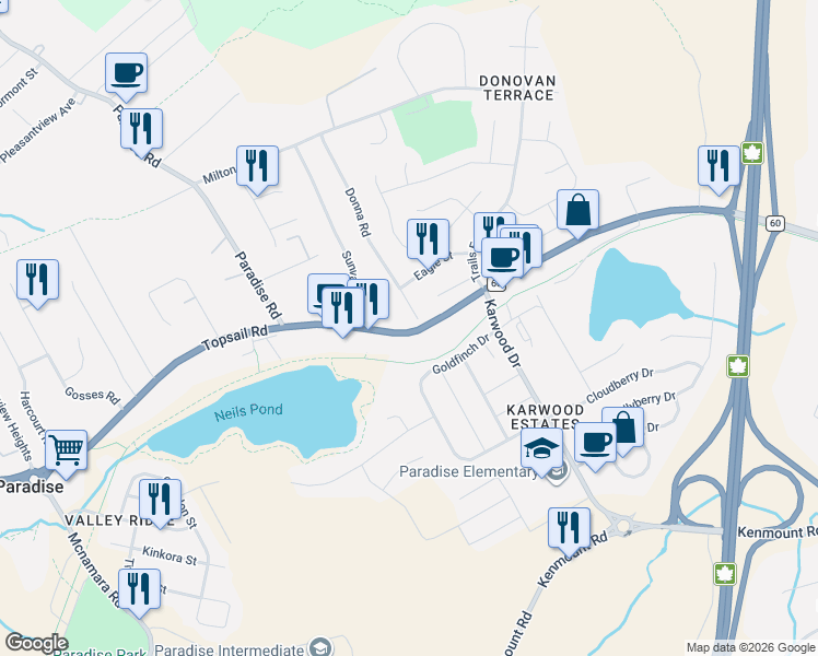 map of restaurants, bars, coffee shops, grocery stores, and more near 3 Donna Road in Paradise