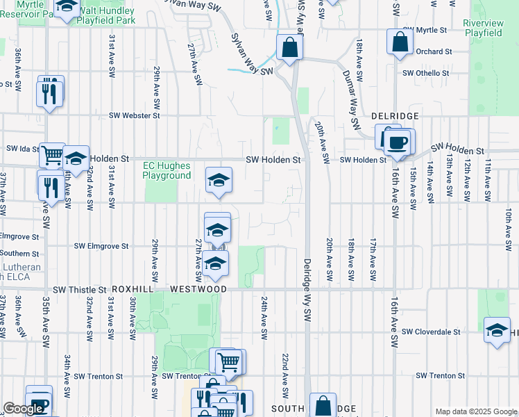 map of restaurants, bars, coffee shops, grocery stores, and more near 7901 Delridge Way Southwest in Seattle