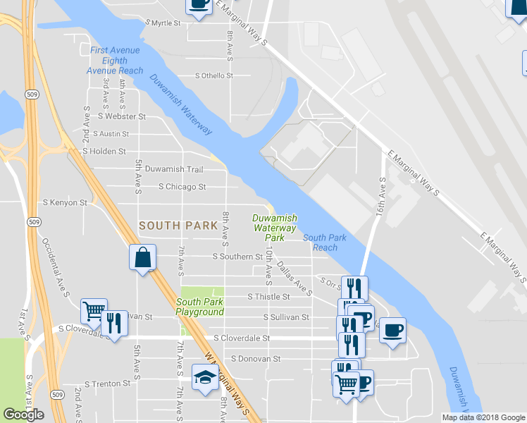 map of restaurants, bars, coffee shops, grocery stores, and more near 855 South Kenyon Street in Seattle