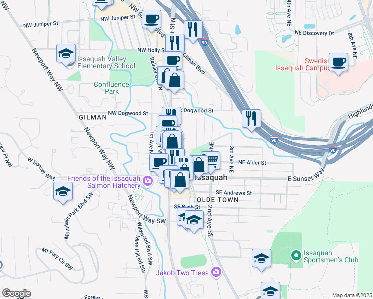 map of restaurants, bars, coffee shops, grocery stores, and more near 110 Rainier Boulevard North in Issaquah