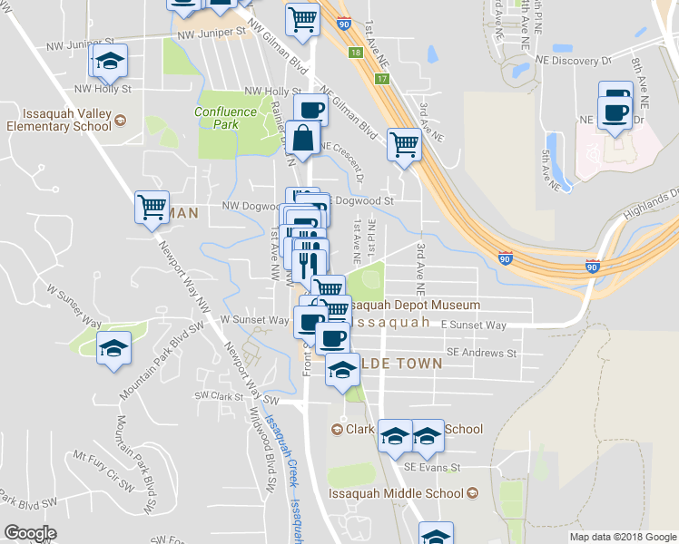 map of restaurants, bars, coffee shops, grocery stores, and more near 110 Rainier Boulevard North in Issaquah