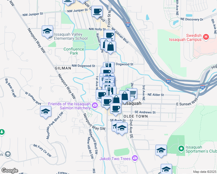 map of restaurants, bars, coffee shops, grocery stores, and more near 158 1st Place Northwest in Issaquah