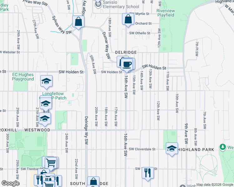 map of restaurants, bars, coffee shops, grocery stores, and more near 7757 17th Avenue Southwest in Seattle