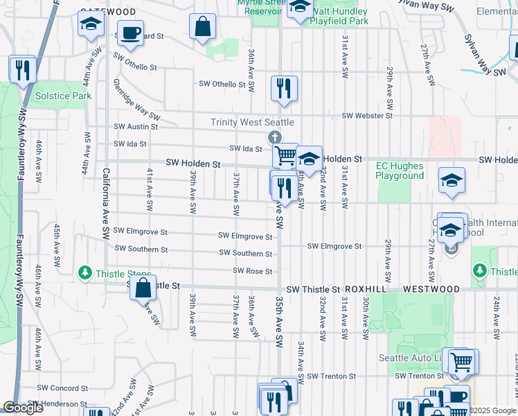 map of restaurants, bars, coffee shops, grocery stores, and more near 3516 Southwest Kenyon Street in Seattle