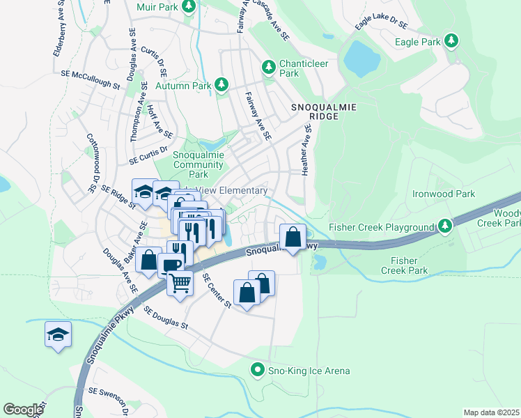map of restaurants, bars, coffee shops, grocery stores, and more near 7701 Fairway Avenue Southeast in Snoqualmie