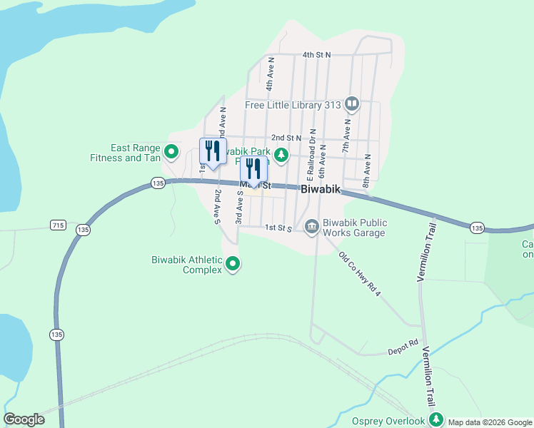 map of restaurants, bars, coffee shops, grocery stores, and more near 109 5th Avenue South in Biwabik