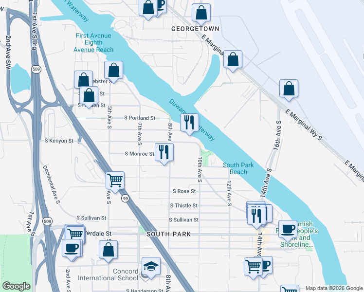 map of restaurants, bars, coffee shops, grocery stores, and more near 816 South Kenyon Street in Seattle