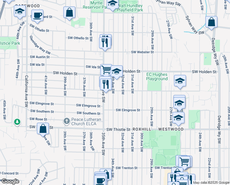 map of restaurants, bars, coffee shops, grocery stores, and more near 3221 Southwest Kenyon Street in Seattle