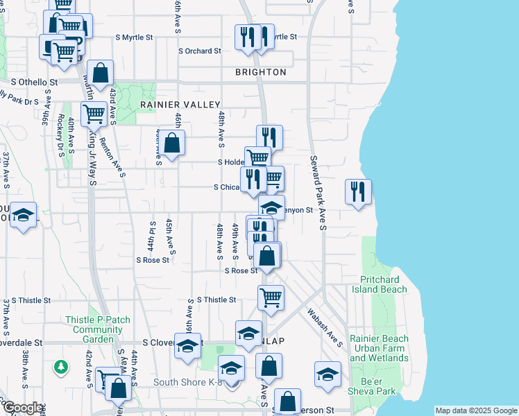 map of restaurants, bars, coffee shops, grocery stores, and more near 4838 South Kenyon Street in Seattle