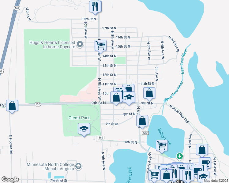 map of restaurants, bars, coffee shops, grocery stores, and more near 731 10th Street North in Virginia