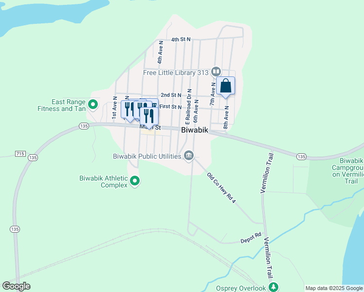 map of restaurants, bars, coffee shops, grocery stores, and more near 108 West Railroad Street South in Biwabik