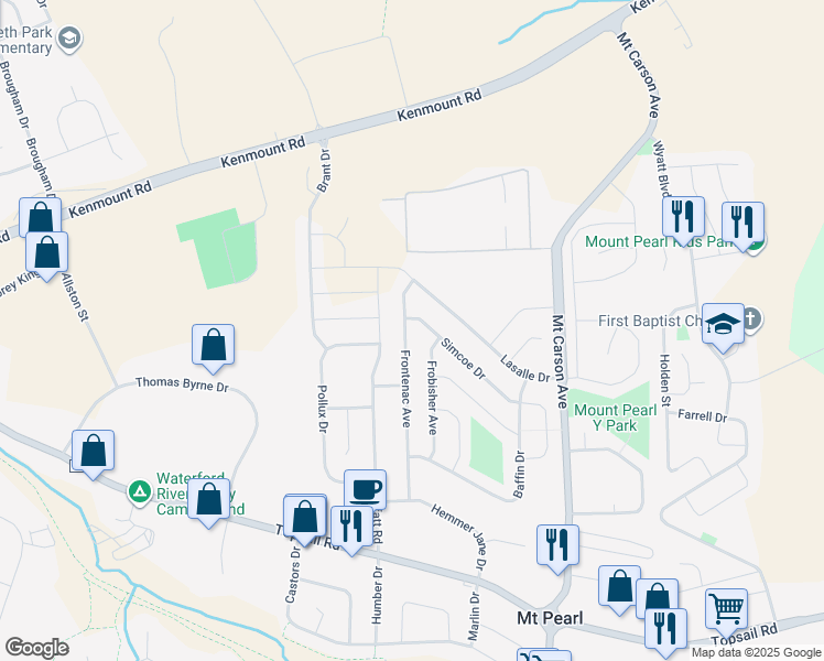 map of restaurants, bars, coffee shops, grocery stores, and more near 62 Frontenac Avenue in Mount Pearl