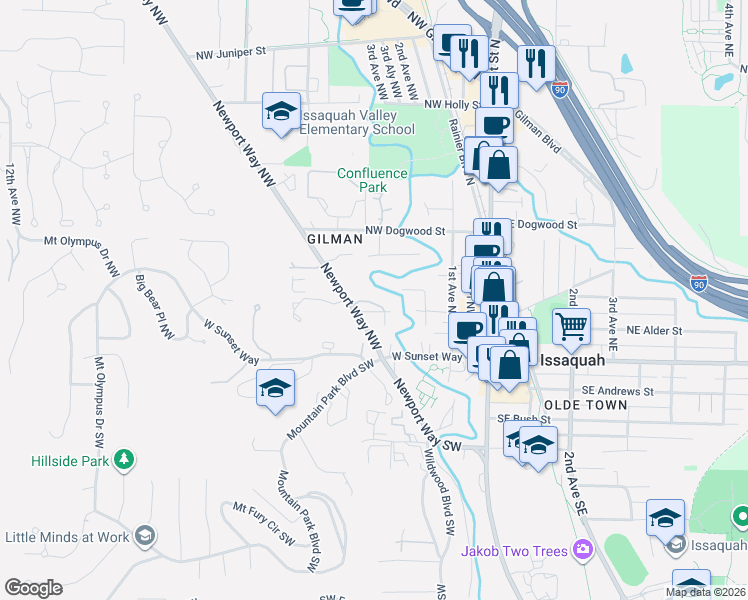 map of restaurants, bars, coffee shops, grocery stores, and more near 120 Newport Way Northwest in Issaquah