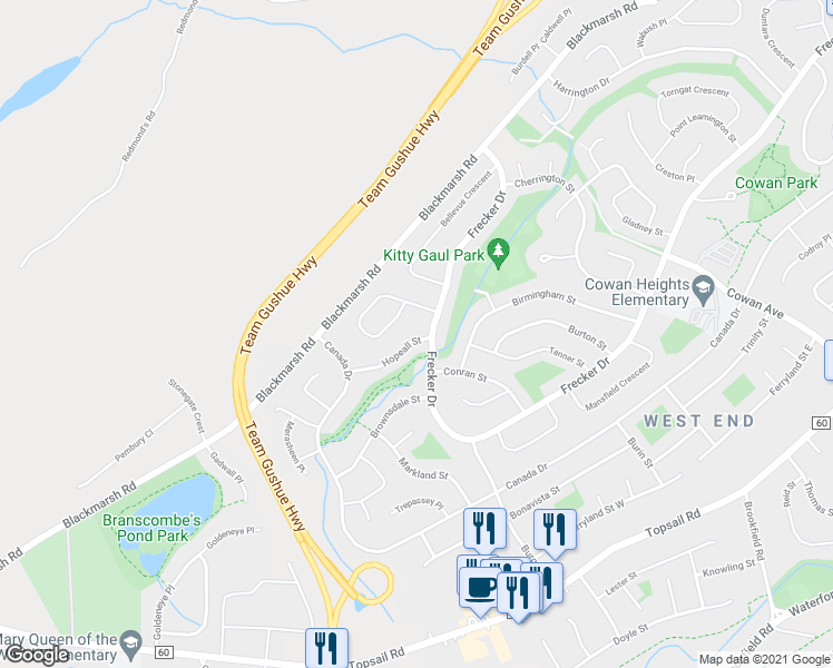 map of restaurants, bars, coffee shops, grocery stores, and more near 25A Hopeall Street in Saint John's