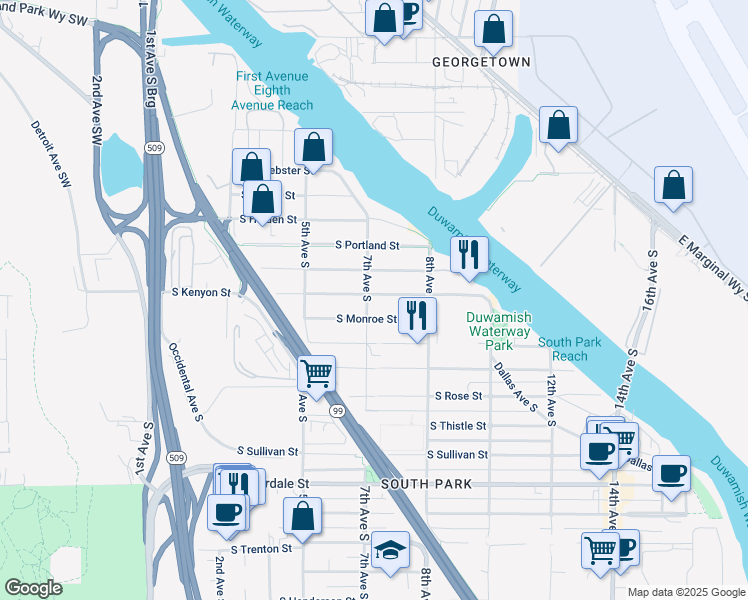 map of restaurants, bars, coffee shops, grocery stores, and more near 706 South Kenyon Street in Seattle