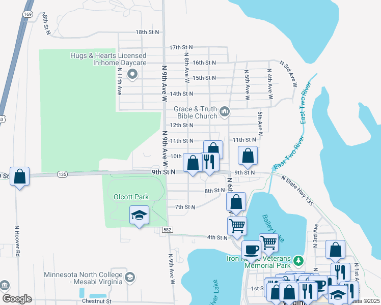 map of restaurants, bars, coffee shops, grocery stores, and more near 731 10th Street North in Virginia