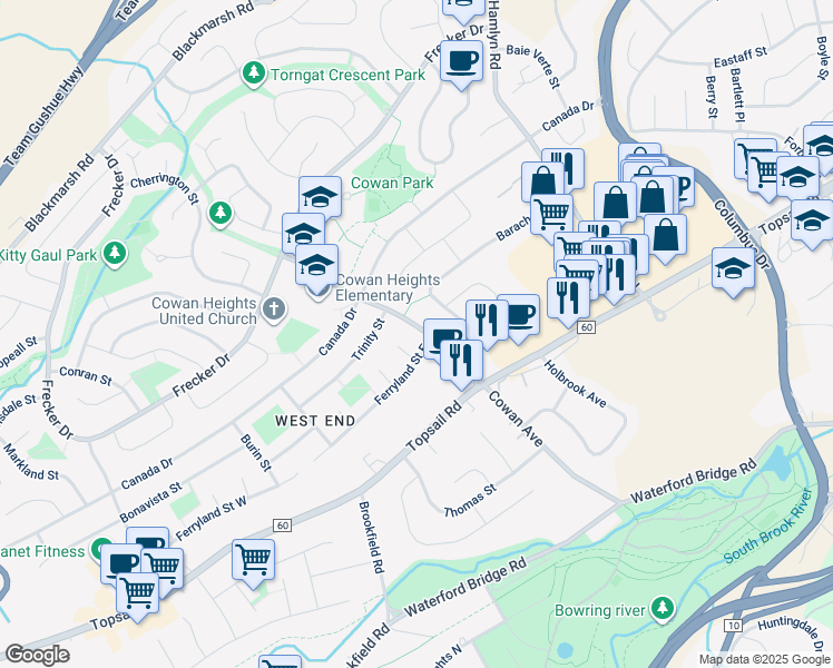 map of restaurants, bars, coffee shops, grocery stores, and more near 76 Cowan Avenue in St. John's