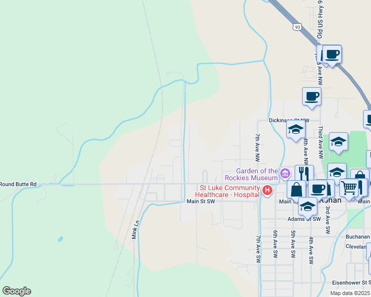 map of restaurants, bars, coffee shops, grocery stores, and more near 16 Acre Lawn Court in Ronan