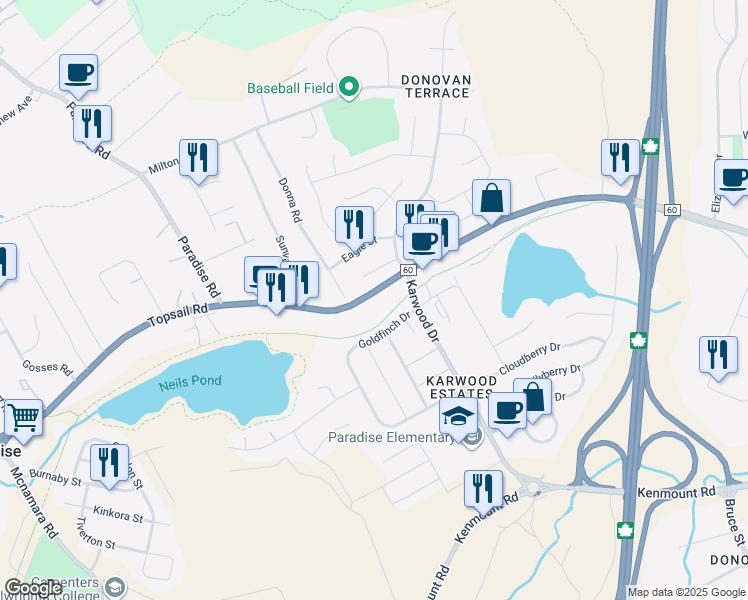 map of restaurants, bars, coffee shops, grocery stores, and more near 1457 Topsail Road in Paradise